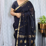 Maheshwari Cotton by Silk Black Leaf Detail