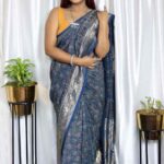Ajrak Dola Silk Silver Border Blue Saree