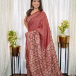 Ajrak Handblock Tussar Silk Onion Shade Saree